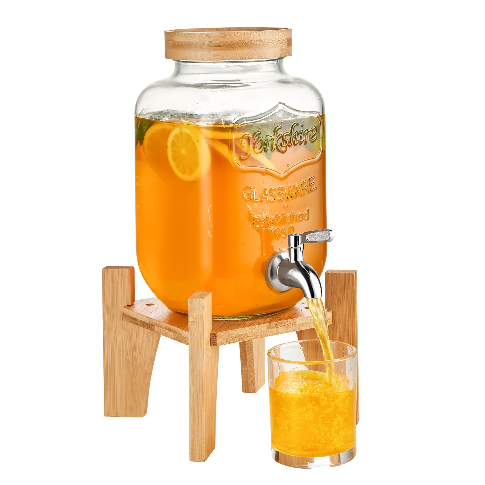 VEVOR beverage dispenser with wooden stand, pouring orange juice into a glass.
