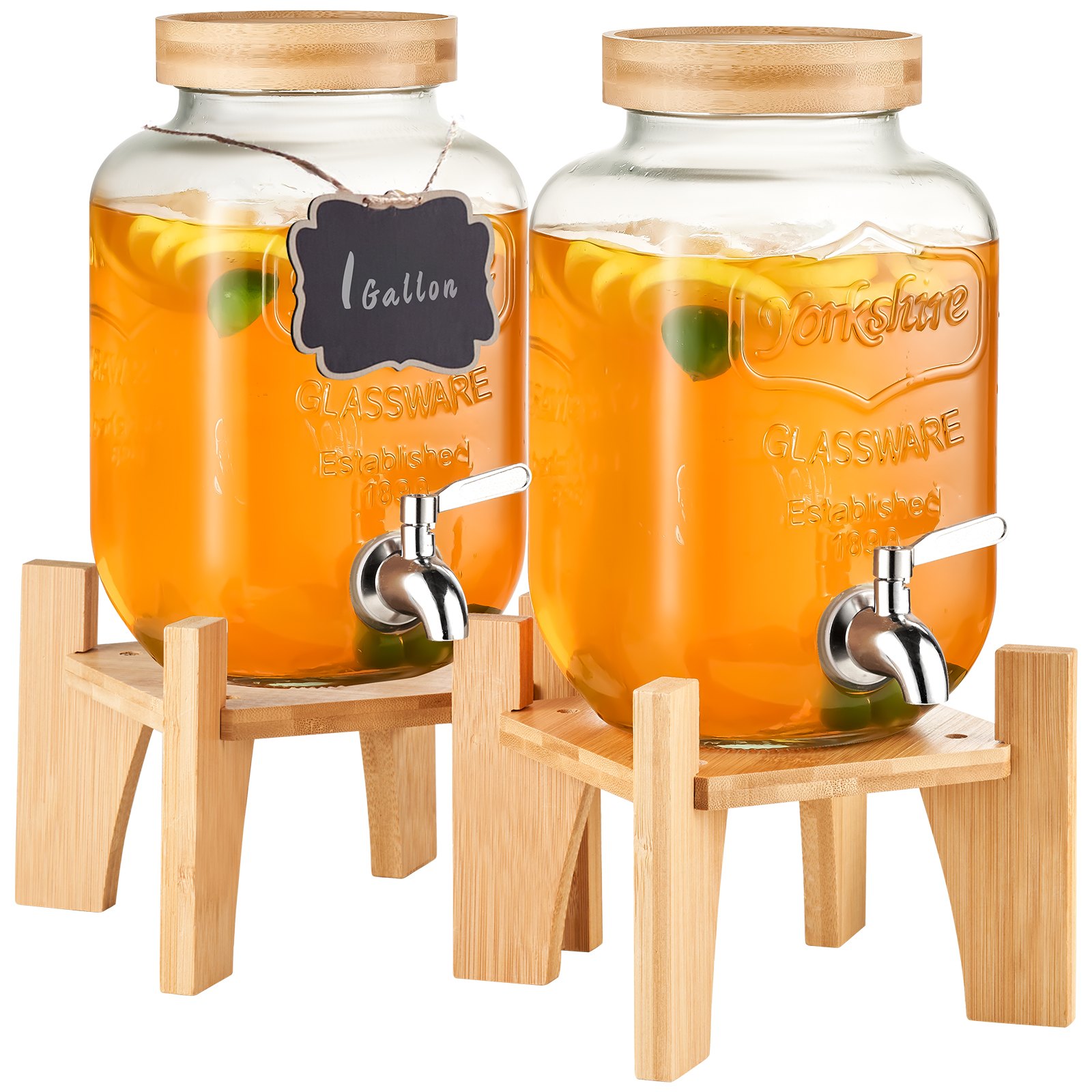 twin VEVOR beverage dispensers with lemon water, wooden stands, bamboo lids, and metal spigots.