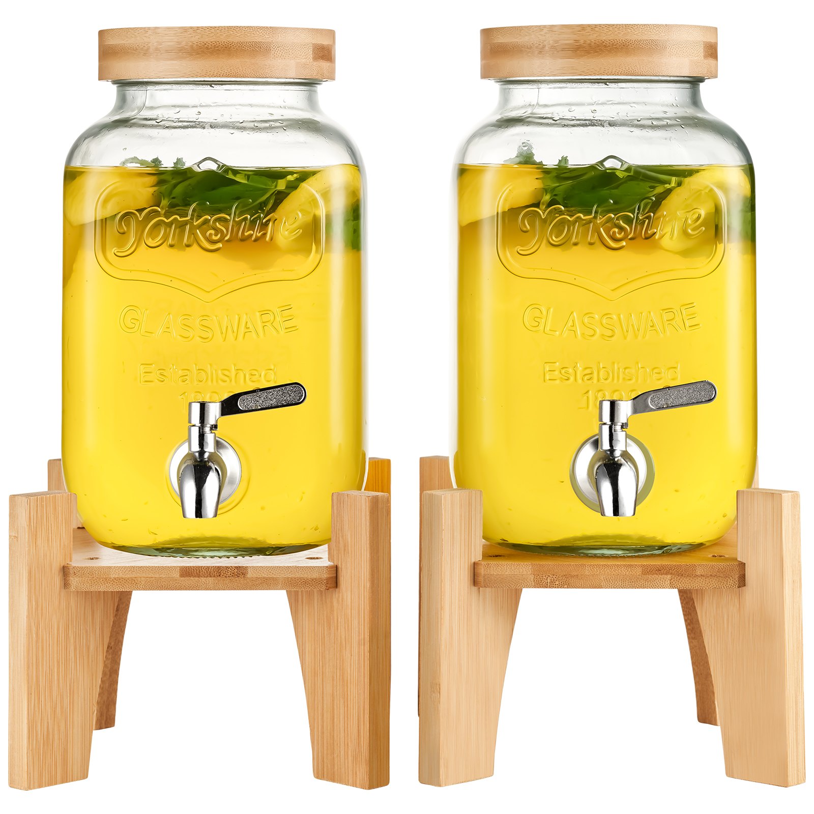 VEVOR beverage dispenser with wooden stand, dual glass jars, bamboo lids, and chrome spigots.