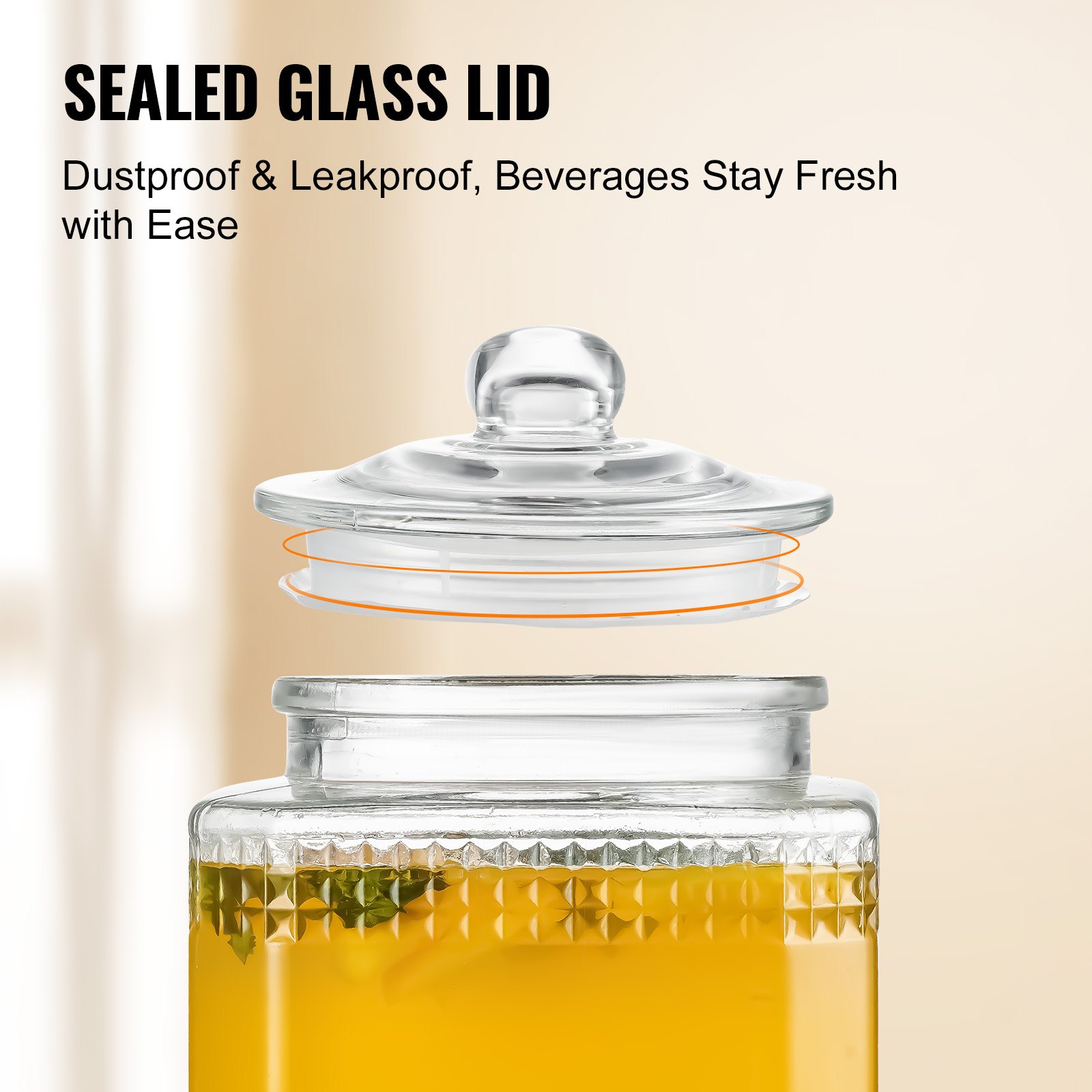 VEVOR beverage dispenser with sealed glass lid, showcasing dustproof and leakproof features for fresh drinks
