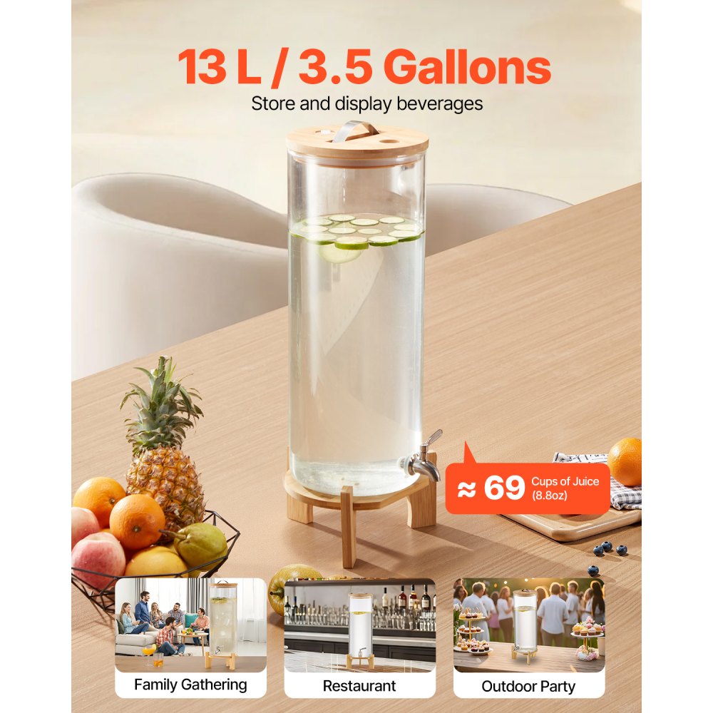 VEVOR Beverage Dispenser, 3.5 Gallon Drink Dispensers for Parties, Glass Juice Dispenser with Wood Stand, Stainless Steel Spigot, Iced Tea Lemonade Juice Water Dispensers for Parties
