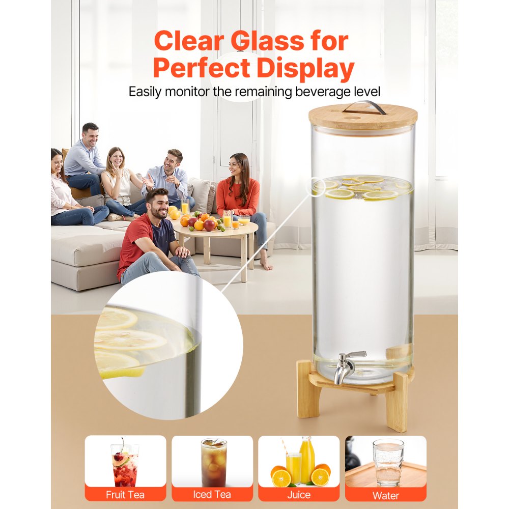 VEVOR Beverage Dispenser, 3.5 Gallon Drink Dispensers for Parties, Glass Juice Dispenser with Wood Stand, Stainless Steel Spigot, Iced Tea Lemonade Juice Water Dispensers for Parties