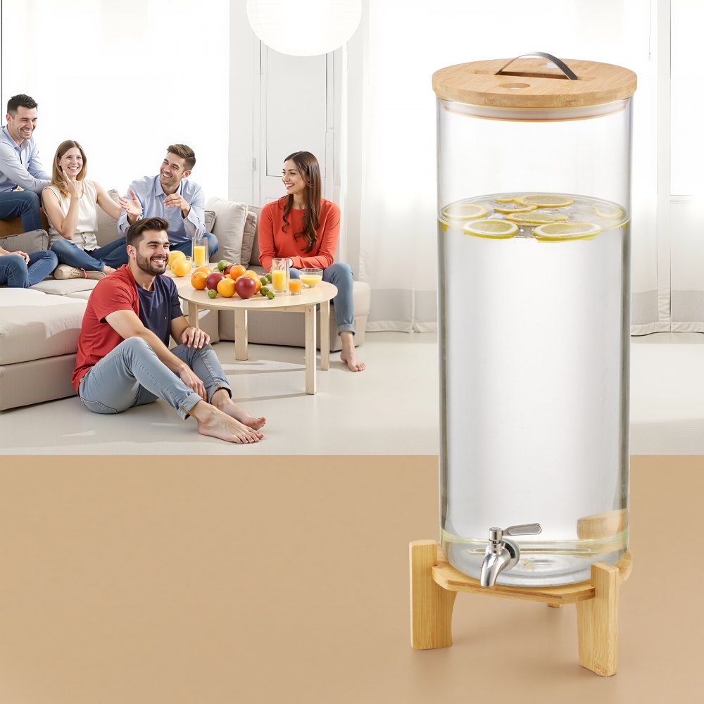 VEVOR Beverage Dispenser, 3.5 Gallon Drink Dispensers for Parties, Glass Juice Dispenser with Wood Stand, Stainless Steel Spigot, Iced Tea Lemonade Juice Water Dispensers for Parties
