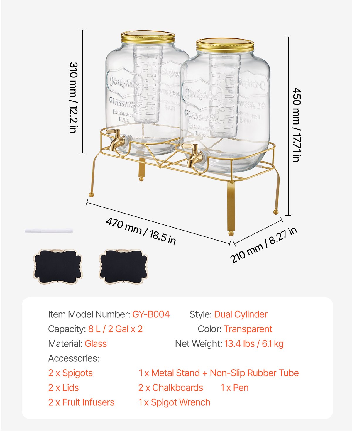 VEVOR Beverage Dispenser, 2 Pack 2 Gallon Drink Dispensers for Parties, Glass Juice Dispenser with Metal Stand, Stainless Steel Spigot, Infuser, Iced Tea Lemonade Juice Water Dispensers for Parties