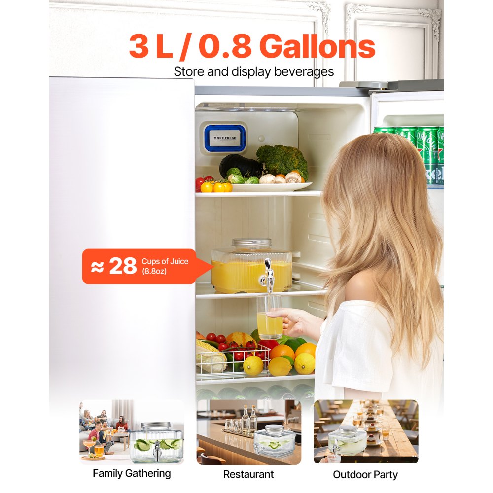 VEVOR Beverage Dispenser, 0.8 Gallon Drink Dispensers for Parties, Glass Juice Dispenser with No-Drip Spigot and Lid, Iced Tea Lemonade Juice Water Dispensers for Restaurants, Hotels, Parties