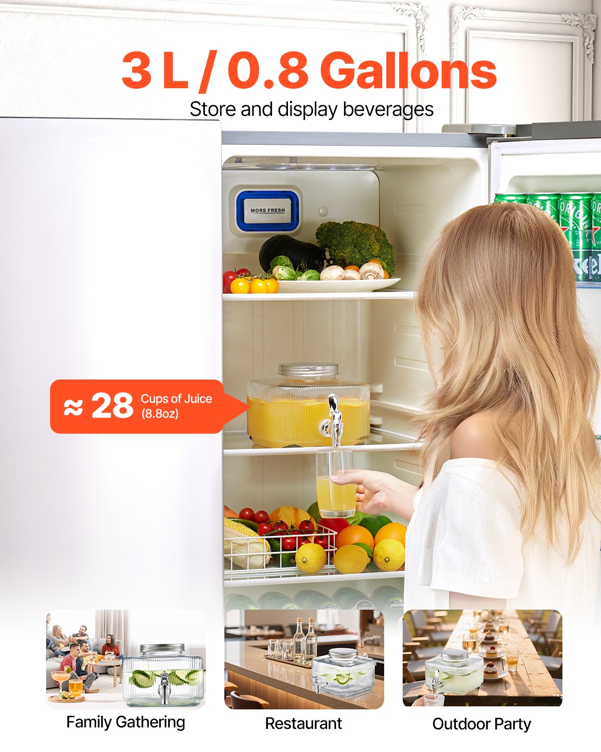 VEVOR Beverage Dispenser, 0.8 Gallon Drink Dispensers for Parties, Glass Juice Dispenser with No-Drip Spigot and Lid, Iced Tea Lemonade Juice Water Dispensers for Restaurants, Hotels, Parties