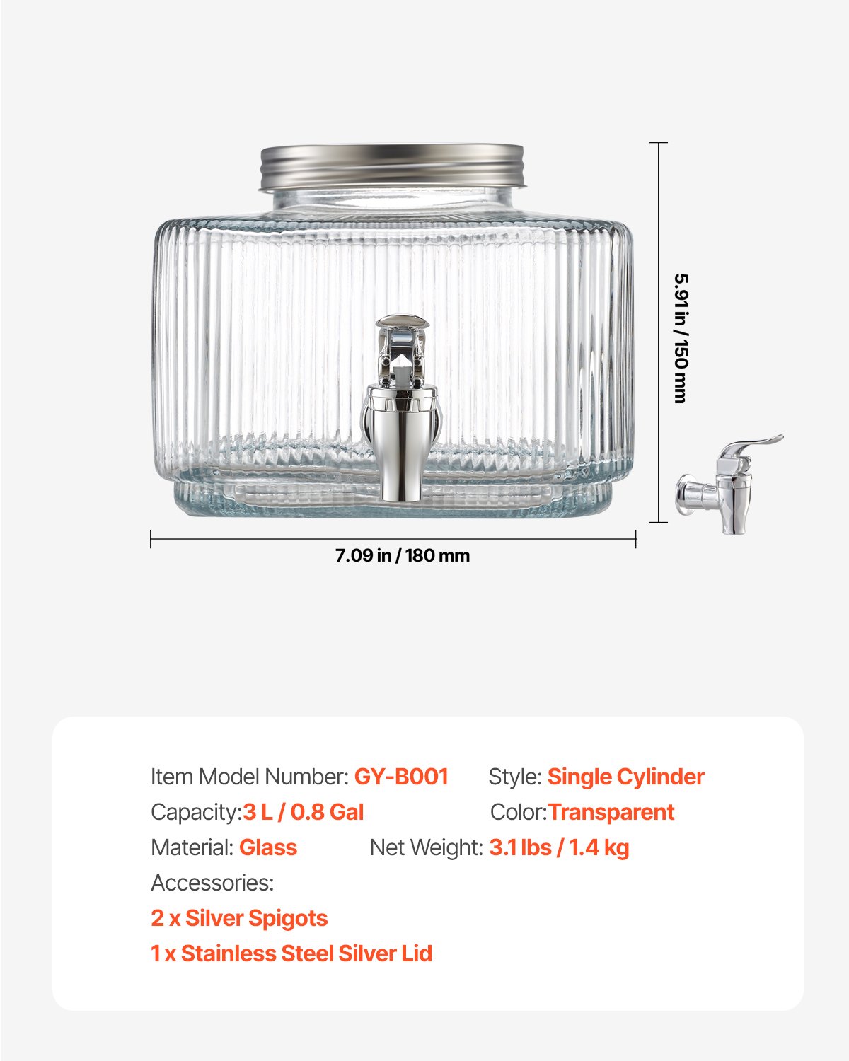 VEVOR Beverage Dispenser, 0.8 Gallon Drink Dispensers for Parties, Glass Juice Dispenser with No-Drip Spigot and Lid, Iced Tea Lemonade Juice Water Dispensers for Restaurants, Hotels, Parties