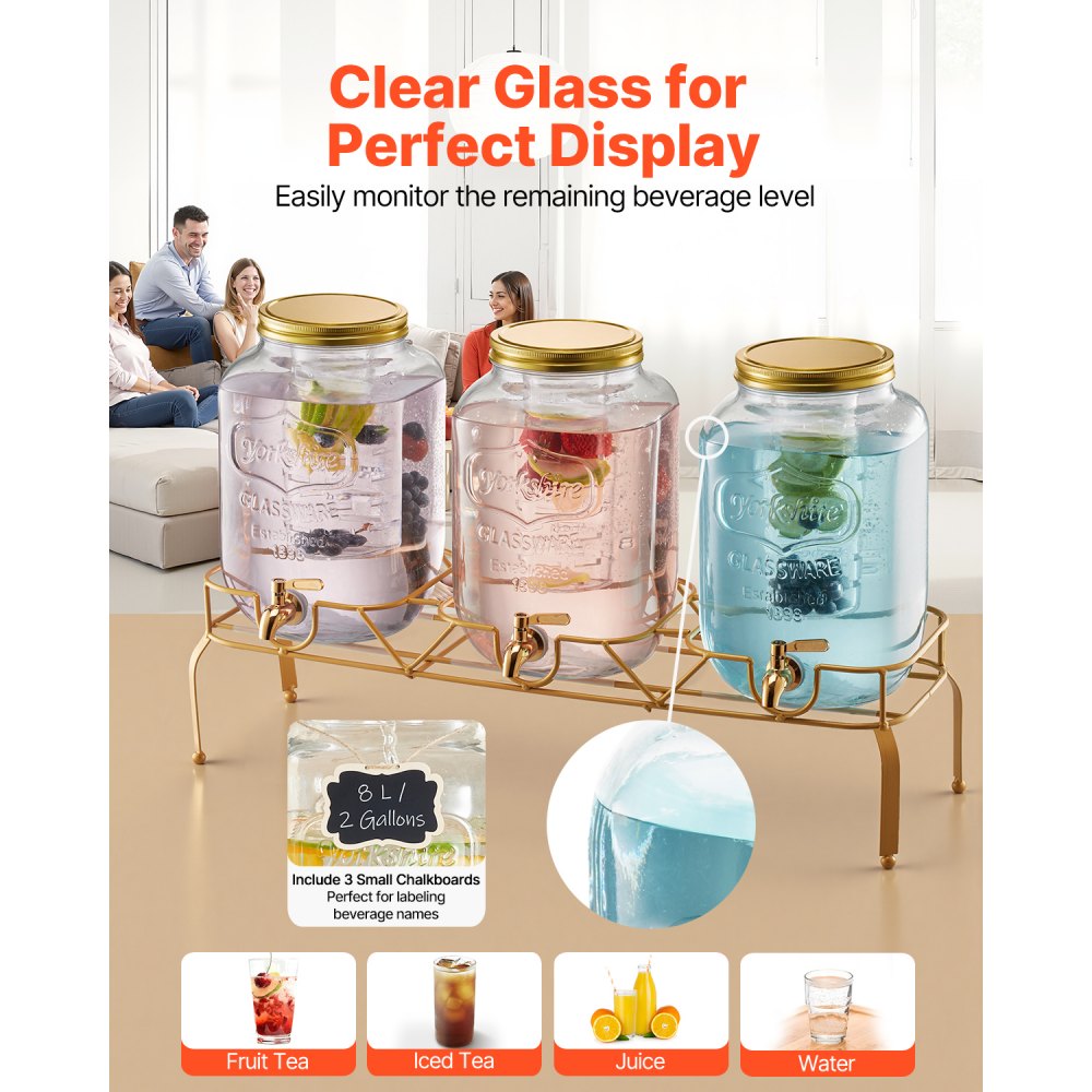 VEVOR Beverage Dispenser, 3 Pack 2 Gallon Drink Dispensers for Parties, Glass Juice Dispenser with Metal Stand, Stainless Steel Spigot, Infuser, Iced Tea Lemonade Juice Water Dispensers for Parties