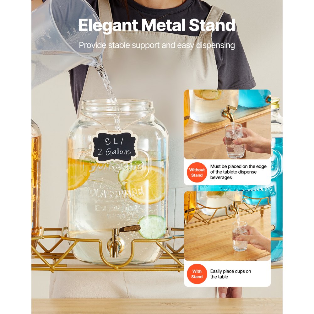 VEVOR Beverage Dispenser, 3 Pack 2 Gallon Drink Dispensers for Parties, Glass Juice Dispenser with Metal Stand, Stainless Steel Spigot, Infuser, Iced Tea Lemonade Juice Water Dispensers for Parties
