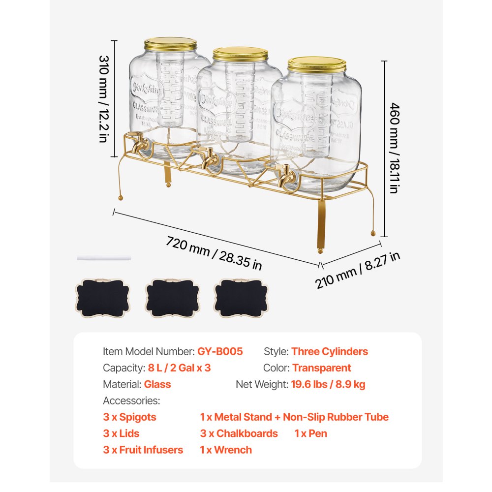 VEVOR Beverage Dispenser, 3 Pack 2 Gallon Drink Dispensers for Parties, Glass Juice Dispenser with Metal Stand, Stainless Steel Spigot, Infuser, Iced Tea Lemonade Juice Water Dispensers for Parties