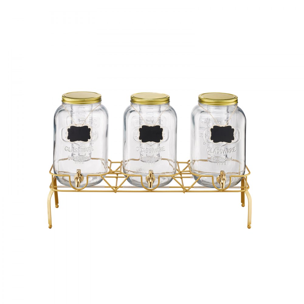 VEVOR Beverage Dispenser, 3 Pack 2 Gallon Drink Dispensers for Parties, Glass Juice Dispenser with Metal Stand, Stainless Steel Spigot, Infuser, Iced Tea Lemonade Juice Water Dispensers for Parties