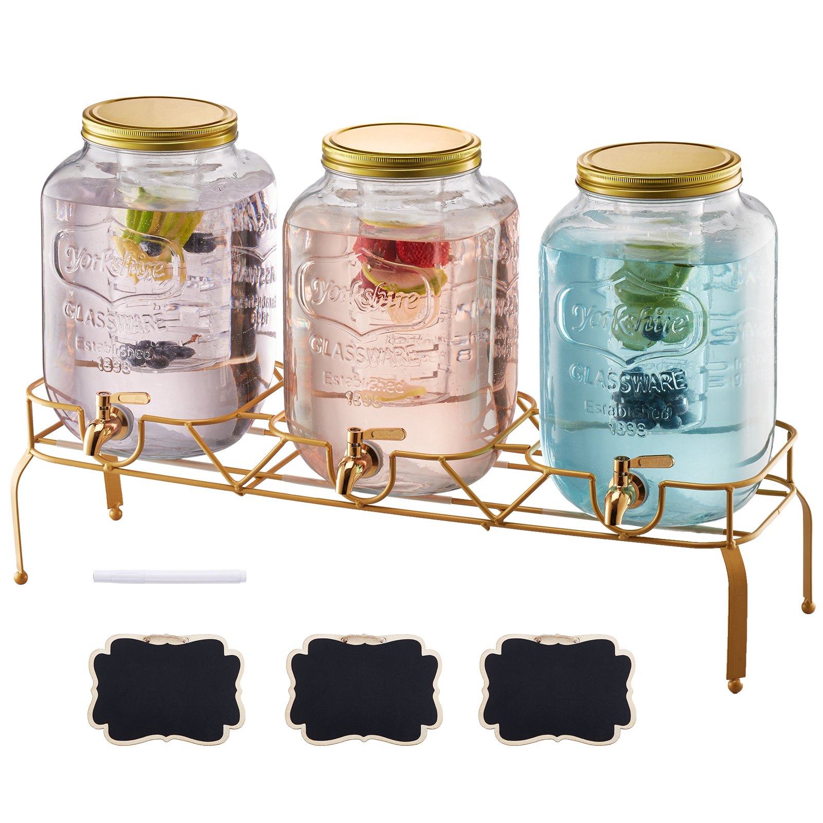 VEVOR Beverage Dispenser, 3 Pack 2 Gallon Drink Dispensers for Parties, Glass Juice Dispenser with Metal Stand, Stainless Steel Spigot, Infuser, Iced Tea Lemonade Juice Water Dispensers for Parties