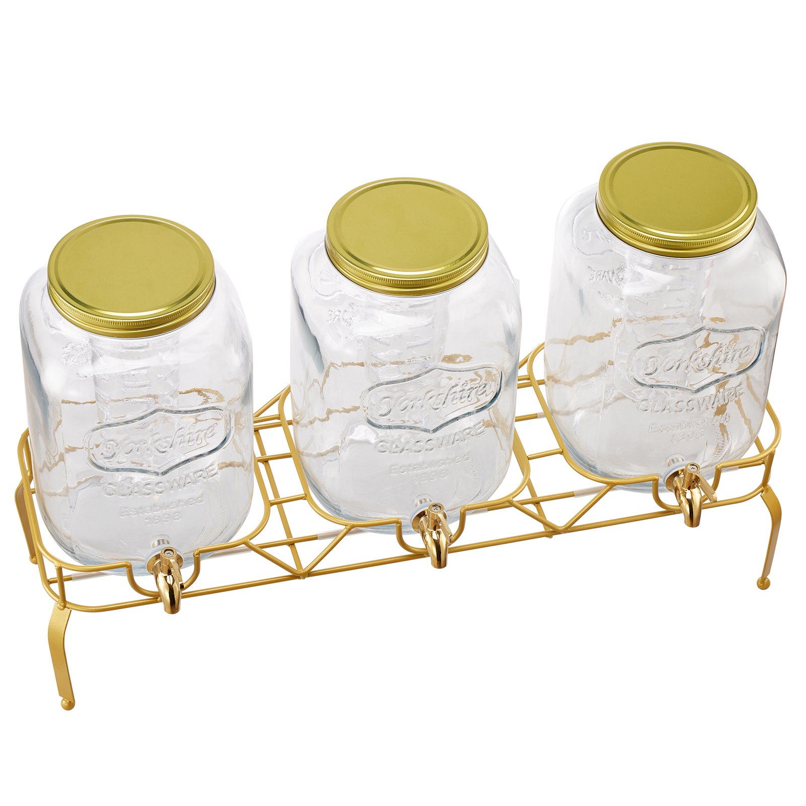 VEVOR Beverage Dispenser, 3 Pack 2 Gallon Drink Dispensers for Parties, Glass Juice Dispenser with Metal Stand, Stainless Steel Spigot, Infuser, Iced Tea Lemonade Juice Water Dispensers for Parties