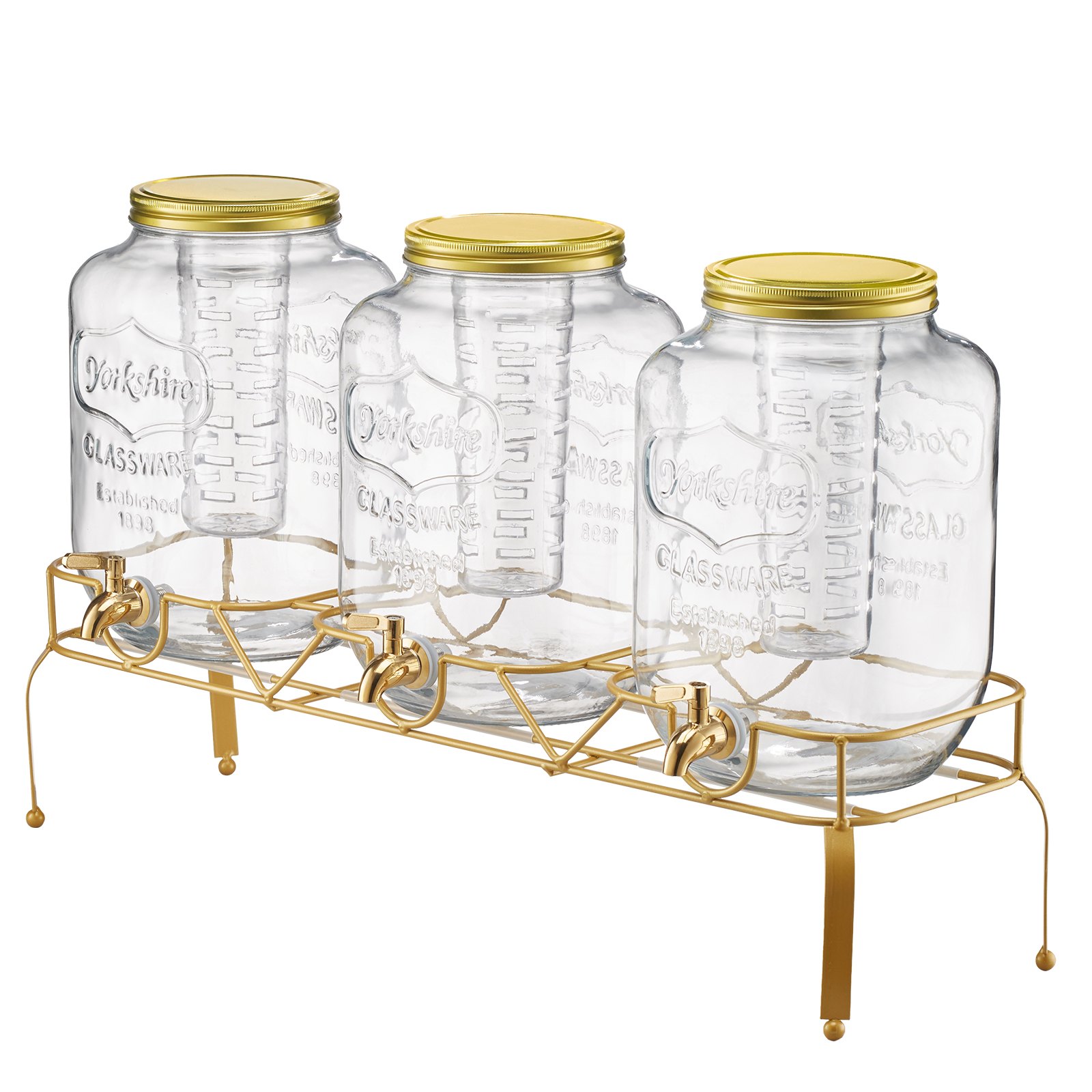 VEVOR Beverage Dispenser, 3 Pack 2 Gallon Drink Dispensers for Parties, Glass Juice Dispenser with Metal Stand, Stainless Steel Spigot, Infuser, Iced Tea Lemonade Juice Water Dispensers for Parties