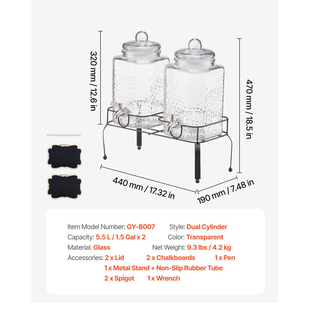Dispensador de bebidas VEVOR, paquete de 2 dispensadores de bebidas de 1.5 galones para fiestas, dispensador de jugo de vidrio con soporte de metal, grifo de acero inoxidable, dispensadores de té helado, limonada, jugo y agua para fiestas