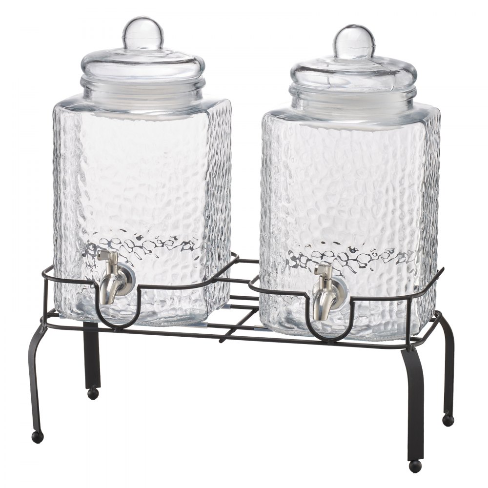 Dispensador de bebidas VEVOR, paquete de 2 dispensadores de bebidas de 1.5 galones para fiestas, dispensador de jugo de vidrio con soporte de metal, grifo de acero inoxidable, dispensadores de té helado, limonada, jugo y agua para fiestas