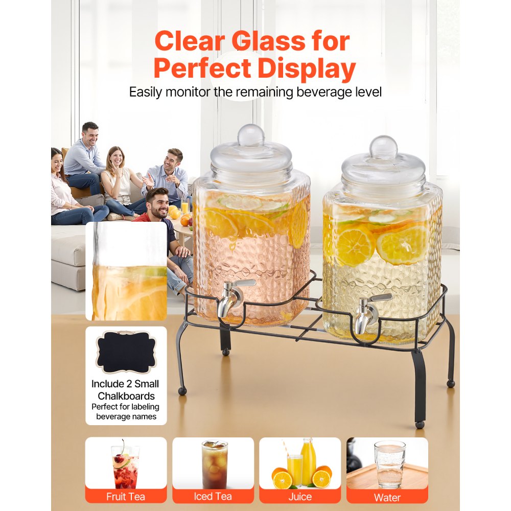 VEVOR Beverage Dispenser, 2 Pack 5.5L Drink Dispensers for Parties, Glass Juice Dispenser with Metal Stand, Stainless Steel Spigot, Iced Tea Lemonade Juice Water Dispensers for Parties
