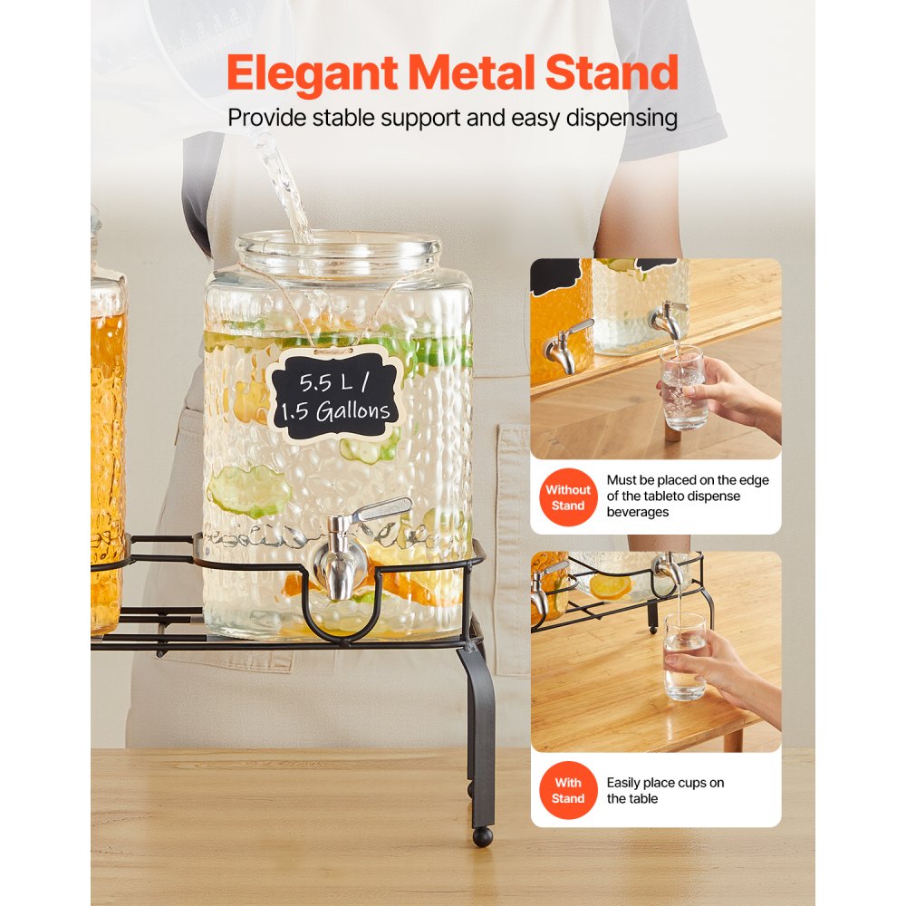 VEVOR Beverage Dispenser, 2 Pack 5.5L Drink Dispensers for Parties, Glass Juice Dispenser with Metal Stand, Stainless Steel Spigot, Iced Tea Lemonade Juice Water Dispensers for Parties