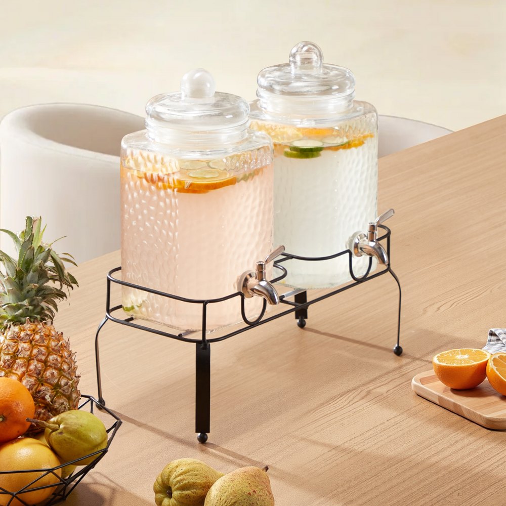 VEVOR Beverage Dispenser, 2 Pack 5.5L Drink Dispensers for Parties, Glass Juice Dispenser with Metal Stand, Stainless Steel Spigot, Iced Tea Lemonade Juice Water Dispensers for Parties