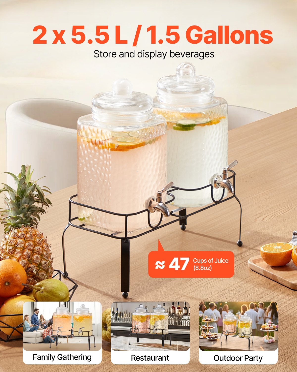 VEVOR Beverage Dispenser, 2 Pack 5.5L Drink Dispensers for Parties, Glass Juice Dispenser with Metal Stand, Stainless Steel Spigot, Iced Tea Lemonade Juice Water Dispensers for Parties