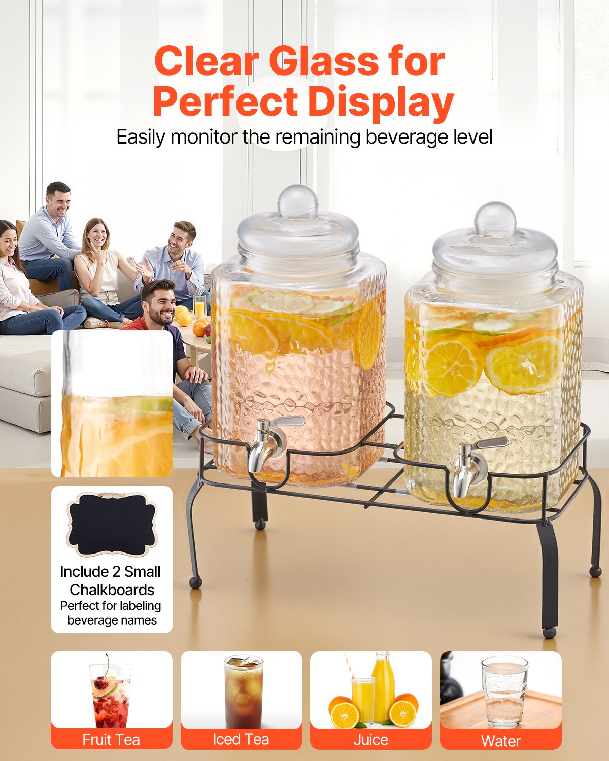 VEVOR Beverage Dispenser, 2 Pack 5.5L Drink Dispensers for Parties, Glass Juice Dispenser with Metal Stand, Stainless Steel Spigot, Iced Tea Lemonade Juice Water Dispensers for Parties