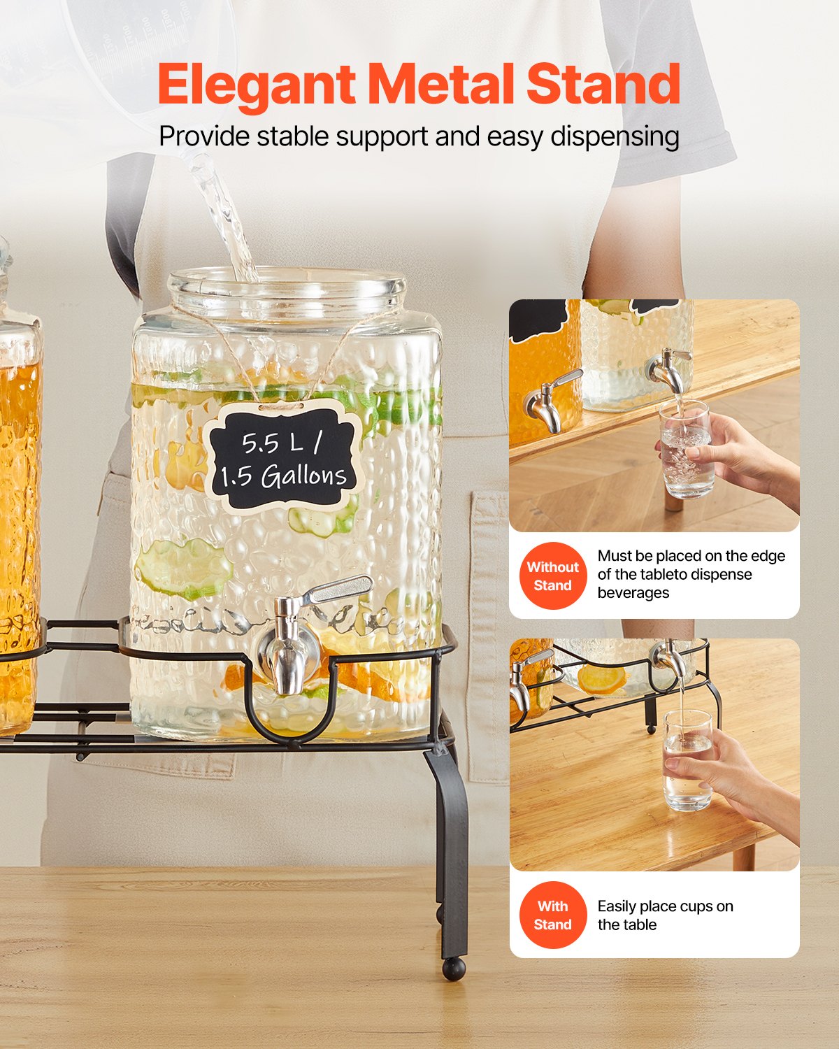 VEVOR Beverage Dispenser, 2 Pack 5.5L Drink Dispensers for Parties, Glass Juice Dispenser with Metal Stand, Stainless Steel Spigot, Iced Tea Lemonade Juice Water Dispensers for Parties