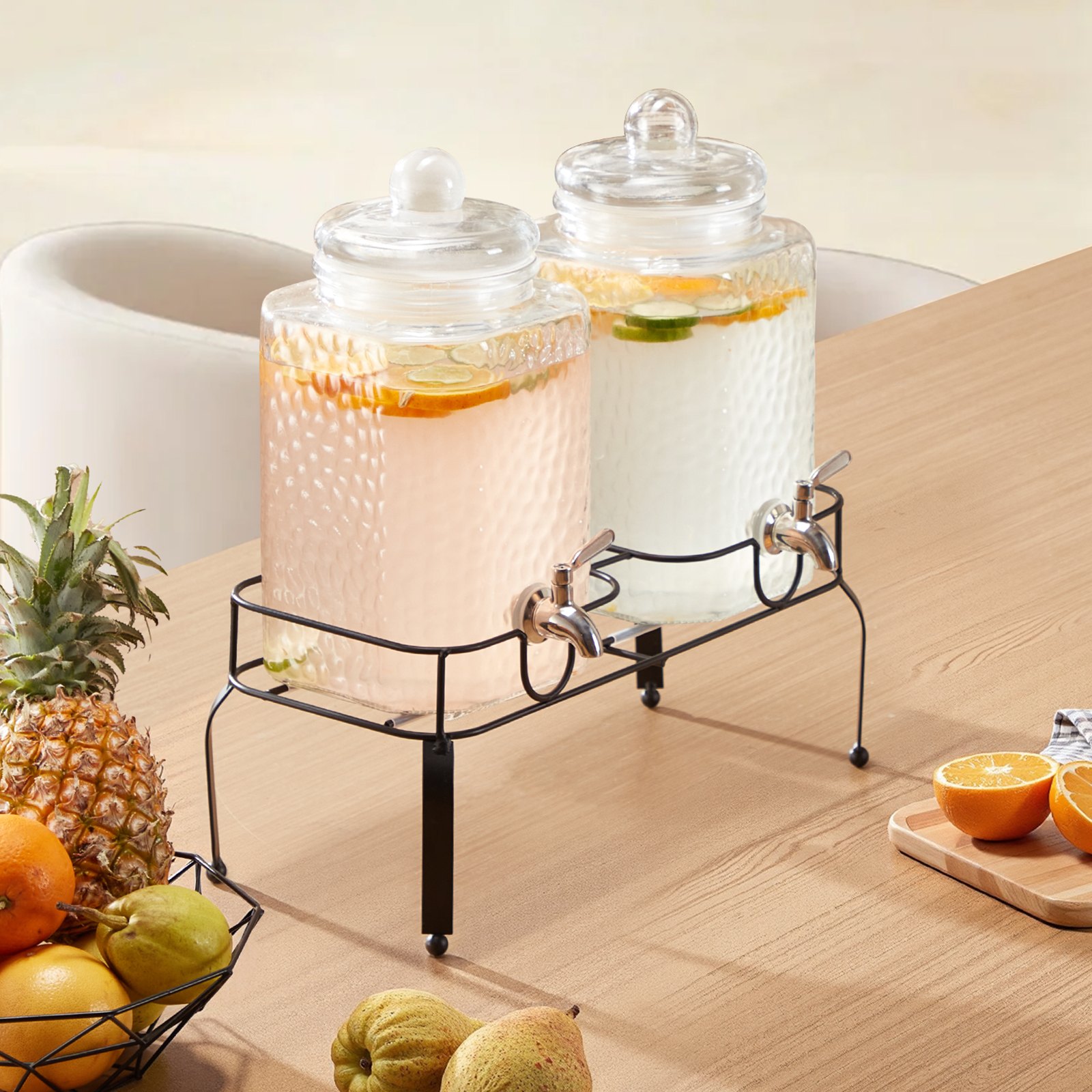 VEVOR Beverage Dispenser, 2 Pack 5.5L Drink Dispensers for Parties, Glass Juice Dispenser with Metal Stand, Stainless Steel Spigot, Iced Tea Lemonade Juice Water Dispensers for Parties