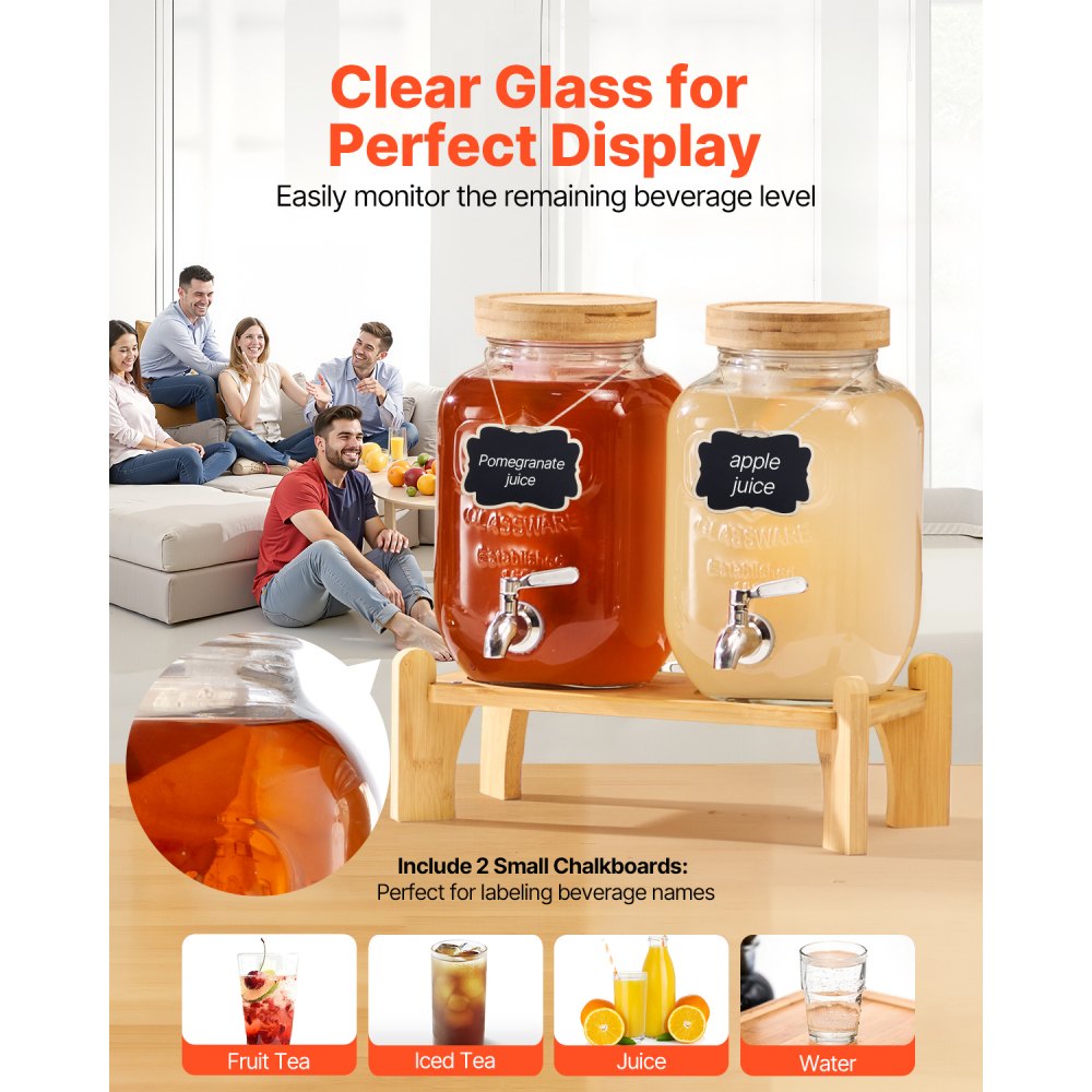 VEVOR Beverage Dispenser, 2 Pack 3.8L Drink Dispensers for Parties, Glass Juice Dispenser with Wood Stand, Stainless Steel Spigot, Infuser, Iced Tea Lemonade Juice Water Dispensers for Parties