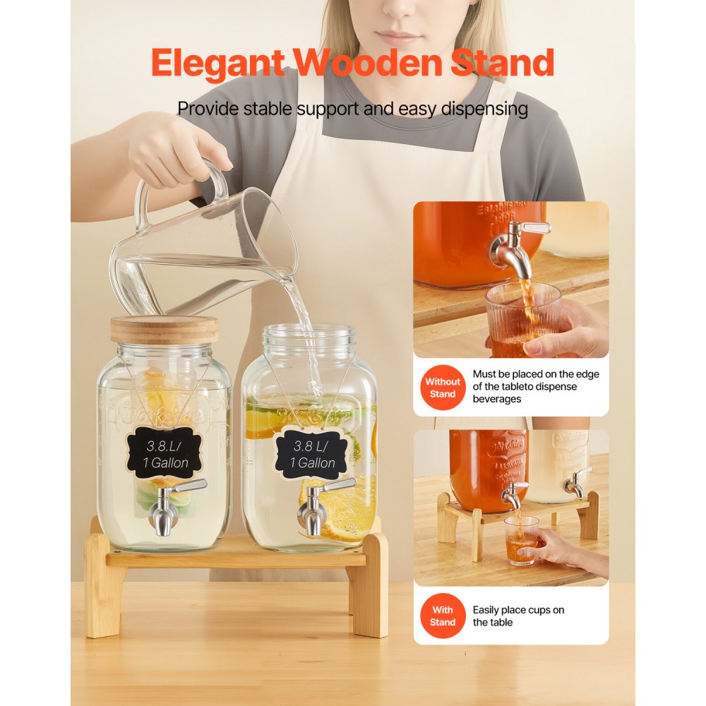 VEVOR Beverage Dispenser, 2 Pack 3.8L Drink Dispensers for Parties, Glass Juice Dispenser with Wood Stand, Stainless Steel Spigot, Infuser, Iced Tea Lemonade Juice Water Dispensers for Parties