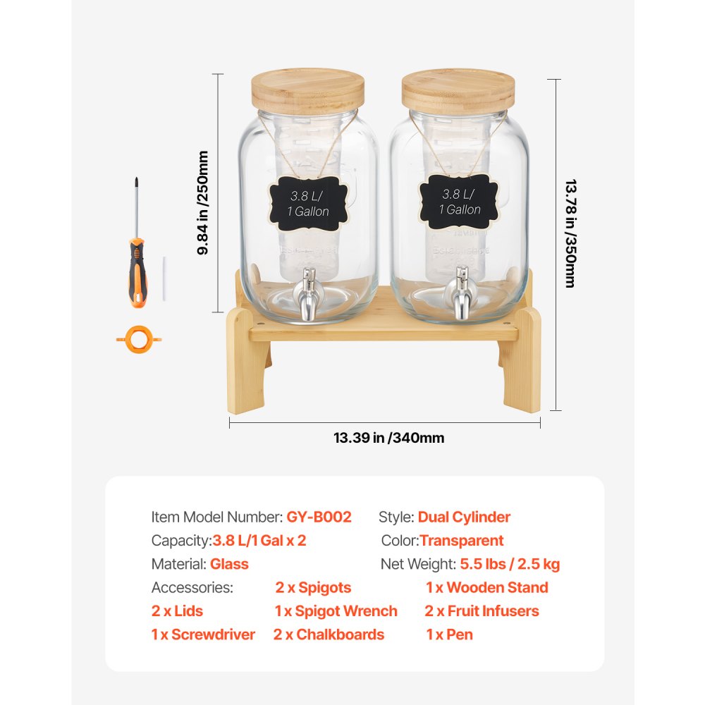 VEVOR Beverage Dispenser, 2 Pack 3.8L Drink Dispensers for Parties, Glass Juice Dispenser with Wood Stand, Stainless Steel Spigot, Infuser, Iced Tea Lemonade Juice Water Dispensers for Parties
