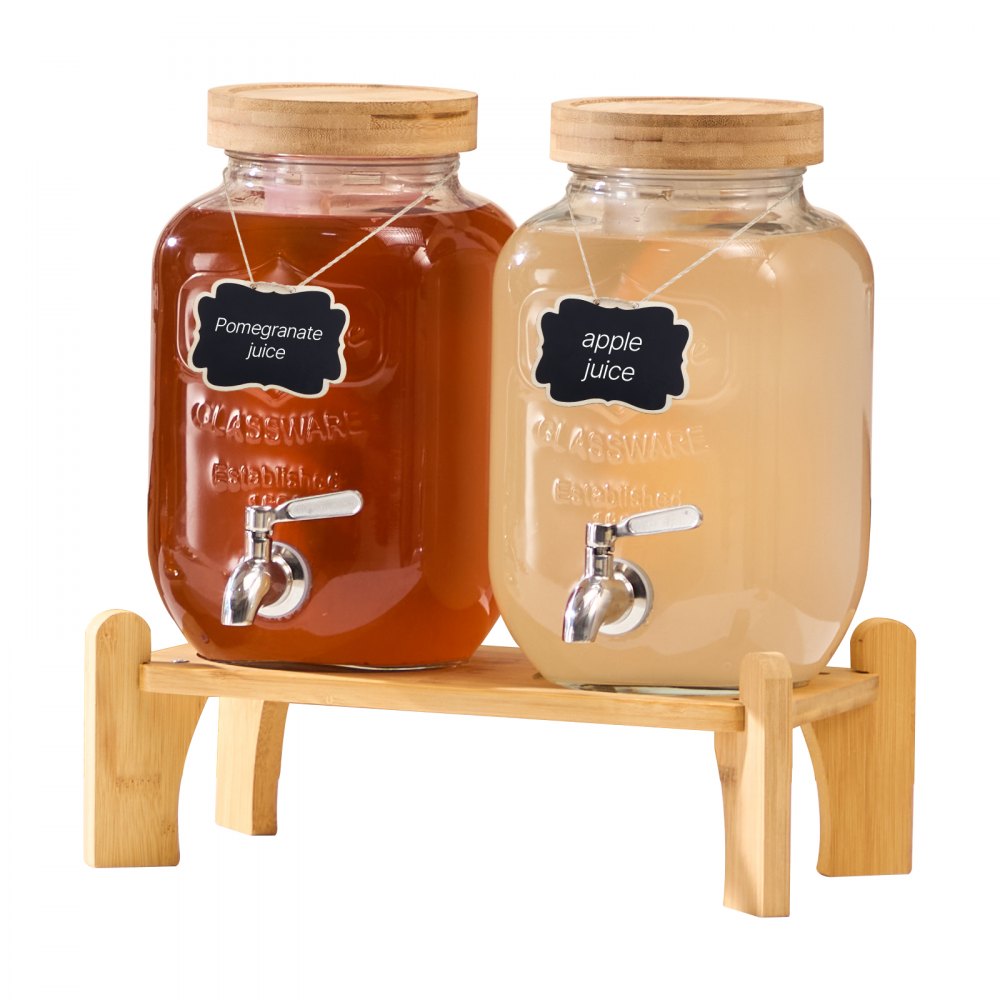 VEVOR Beverage Dispenser, 2 Pack 3.8L Drink Dispensers for Parties, Glass Juice Dispenser with Wood Stand, Stainless Steel Spigot, Infuser, Iced Tea Lemonade Juice Water Dispensers for Parties