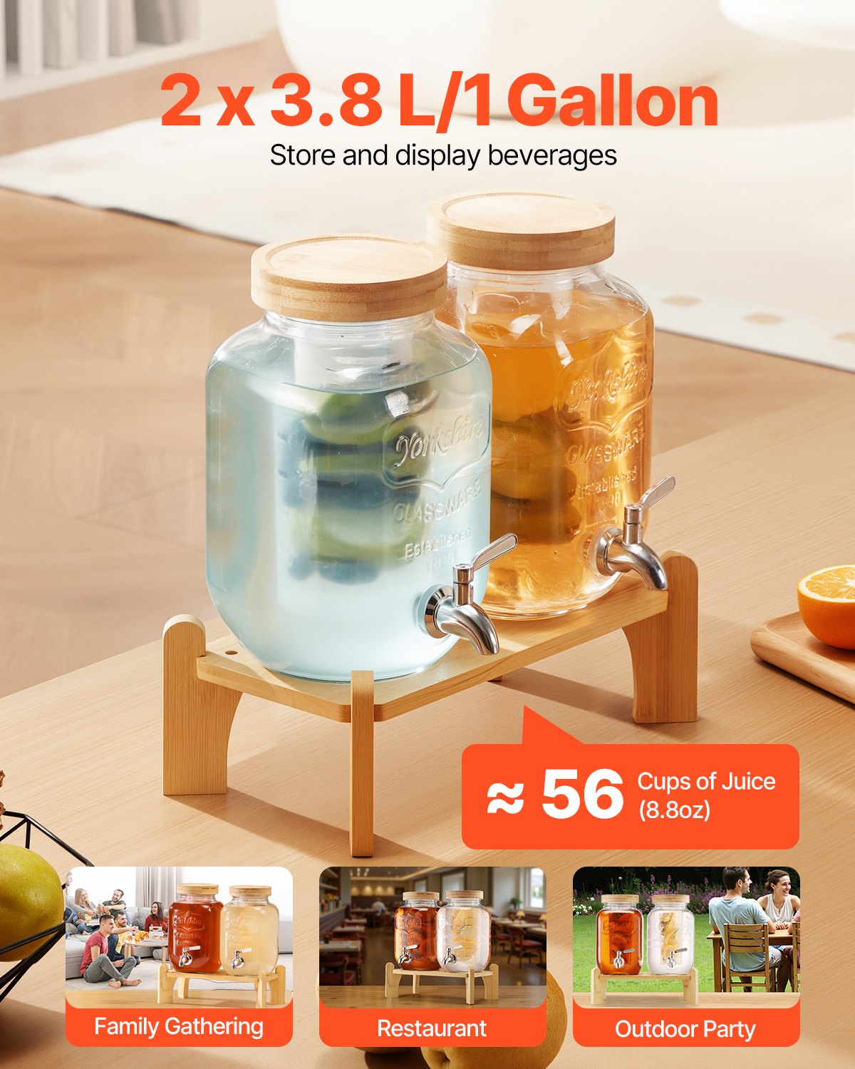 VEVOR Beverage Dispenser, 2 Pack 3.8L Drink Dispensers for Parties, Glass Juice Dispenser with Wood Stand, Stainless Steel Spigot, Infuser, Iced Tea Lemonade Juice Water Dispensers for Parties