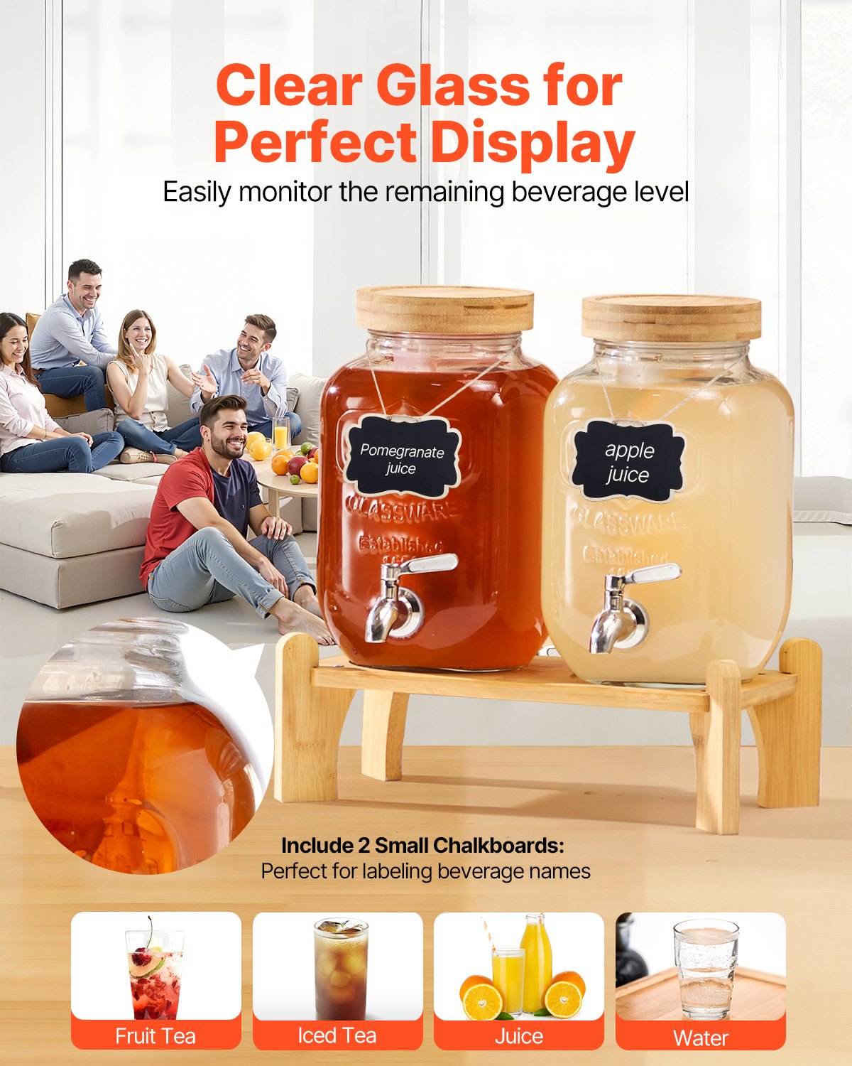 VEVOR Beverage Dispenser, 2 Pack 3.8L Drink Dispensers for Parties, Glass Juice Dispenser with Wood Stand, Stainless Steel Spigot, Infuser, Iced Tea Lemonade Juice Water Dispensers for Parties