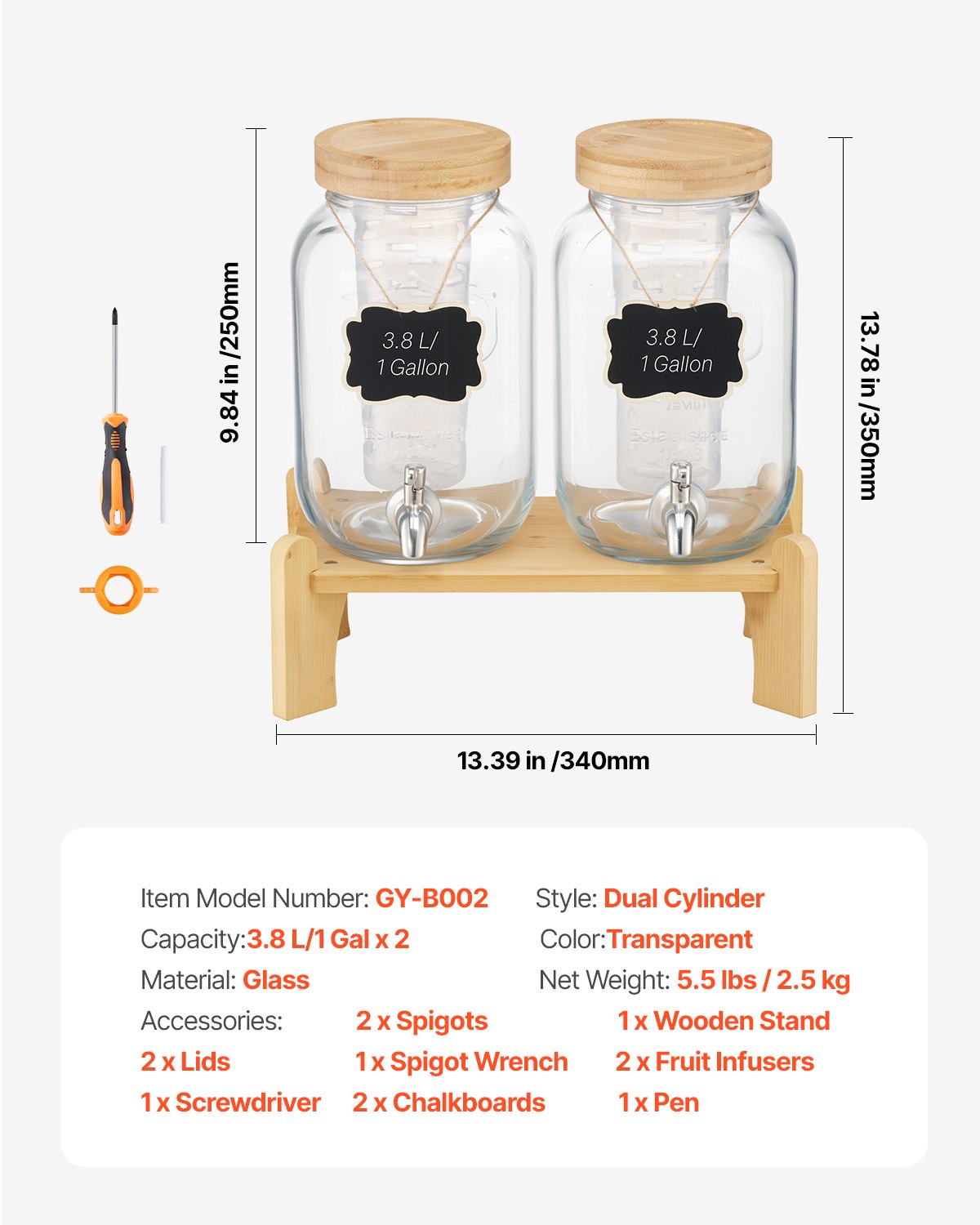 VEVOR Beverage Dispenser, 2 Pack 3.8L Drink Dispensers for Parties, Glass Juice Dispenser with Wood Stand, Stainless Steel Spigot, Infuser, Iced Tea Lemonade Juice Water Dispensers for Parties