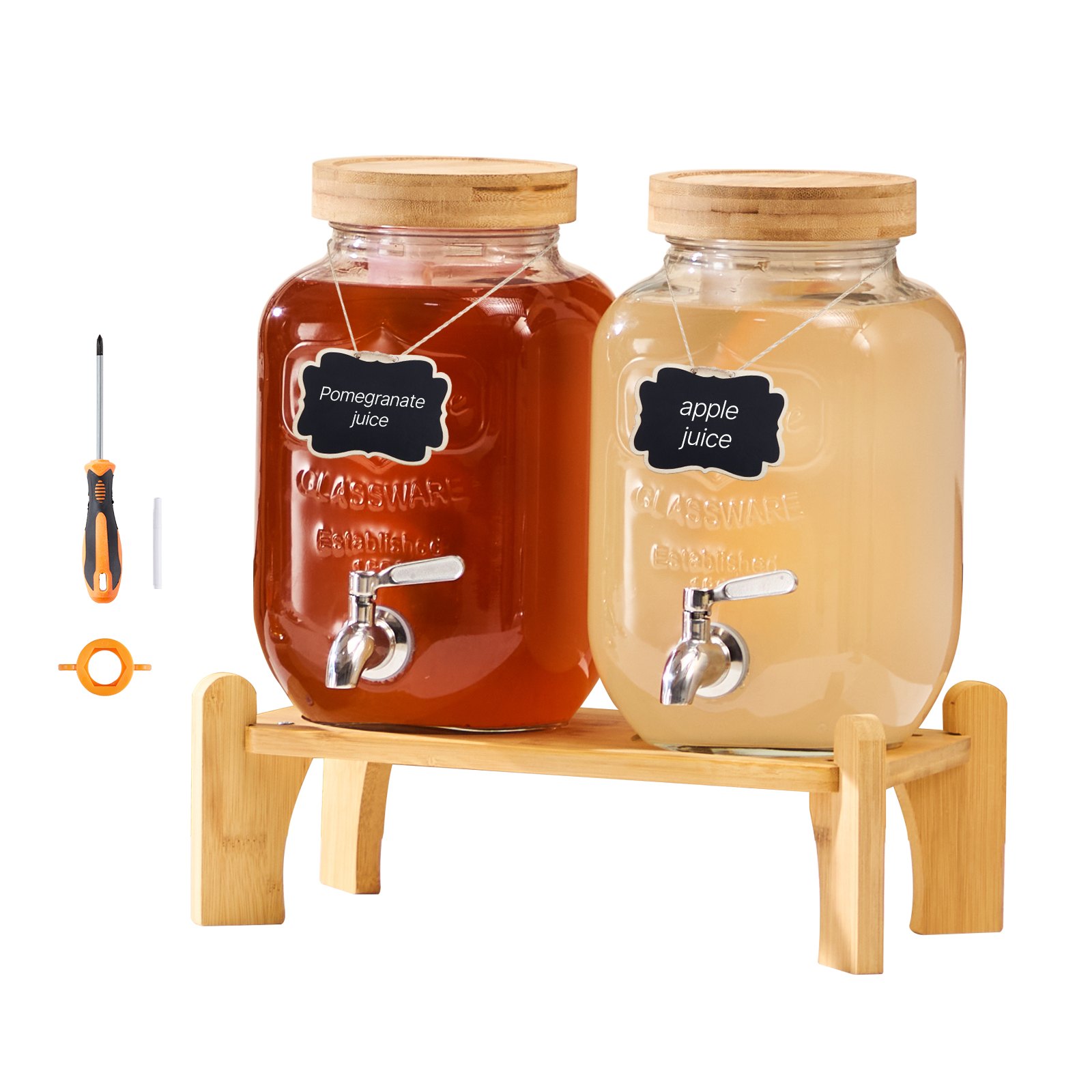 VEVOR Beverage Dispenser, 2 Pack 3.8L Drink Dispensers for Parties, Glass Juice Dispenser with Wood Stand, Stainless Steel Spigot, Infuser, Iced Tea Lemonade Juice Water Dispensers for Parties