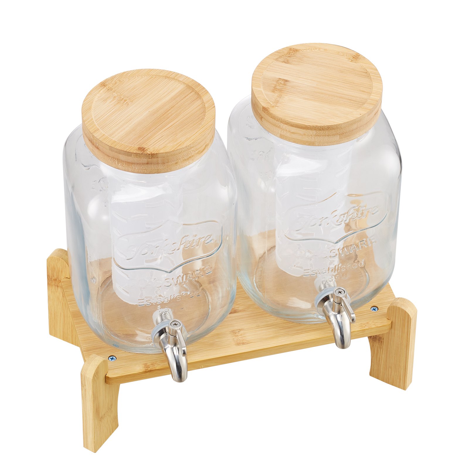 VEVOR Beverage Dispenser, 2 Pack 3.8L Drink Dispensers for Parties, Glass Juice Dispenser with Wood Stand, Stainless Steel Spigot, Infuser, Iced Tea Lemonade Juice Water Dispensers for Parties