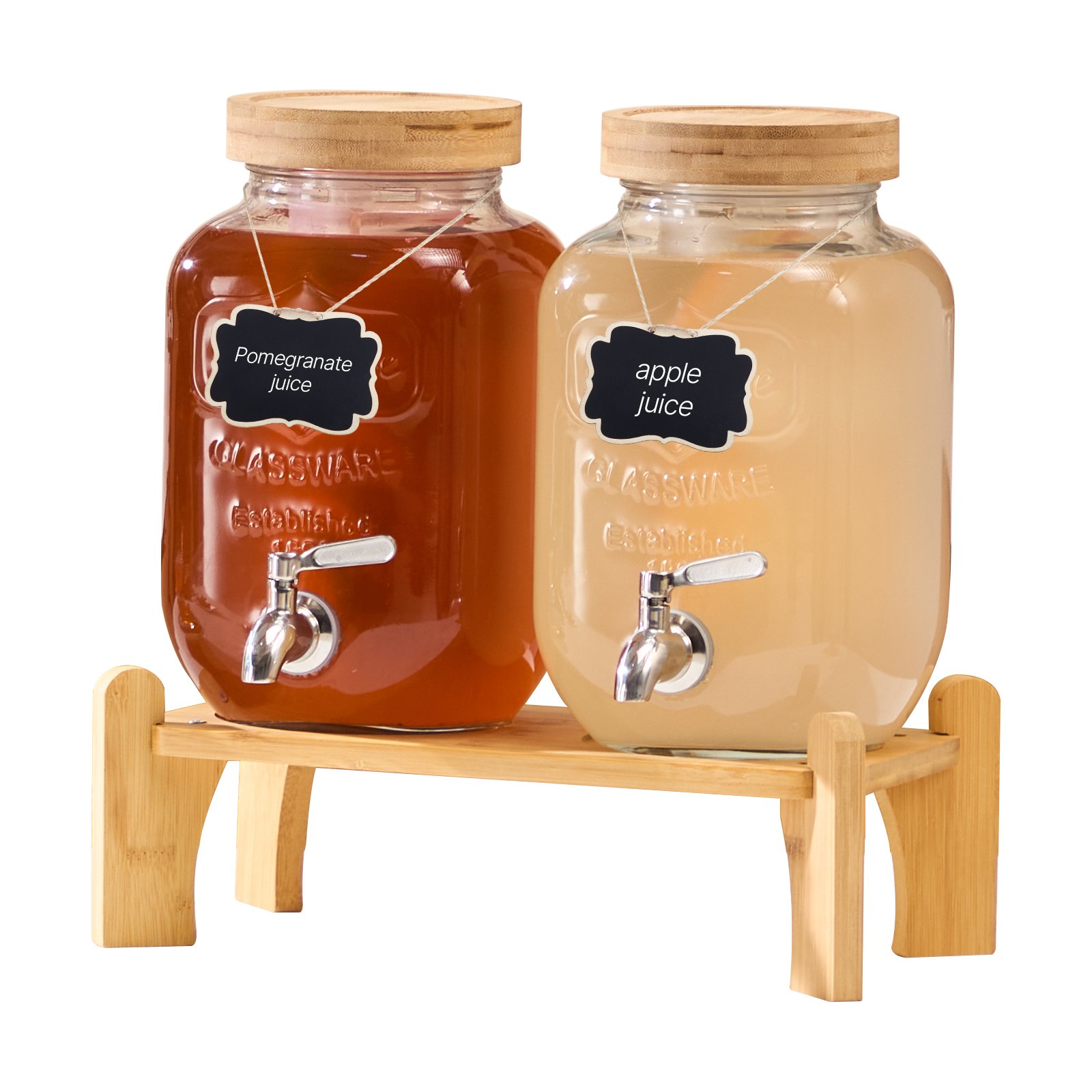 VEVOR Beverage Dispenser, 2 Pack 3.8L Drink Dispensers for Parties, Glass Juice Dispenser with Wood Stand, Stainless Steel Spigot, Infuser, Iced Tea Lemonade Juice Water Dispensers for Parties
