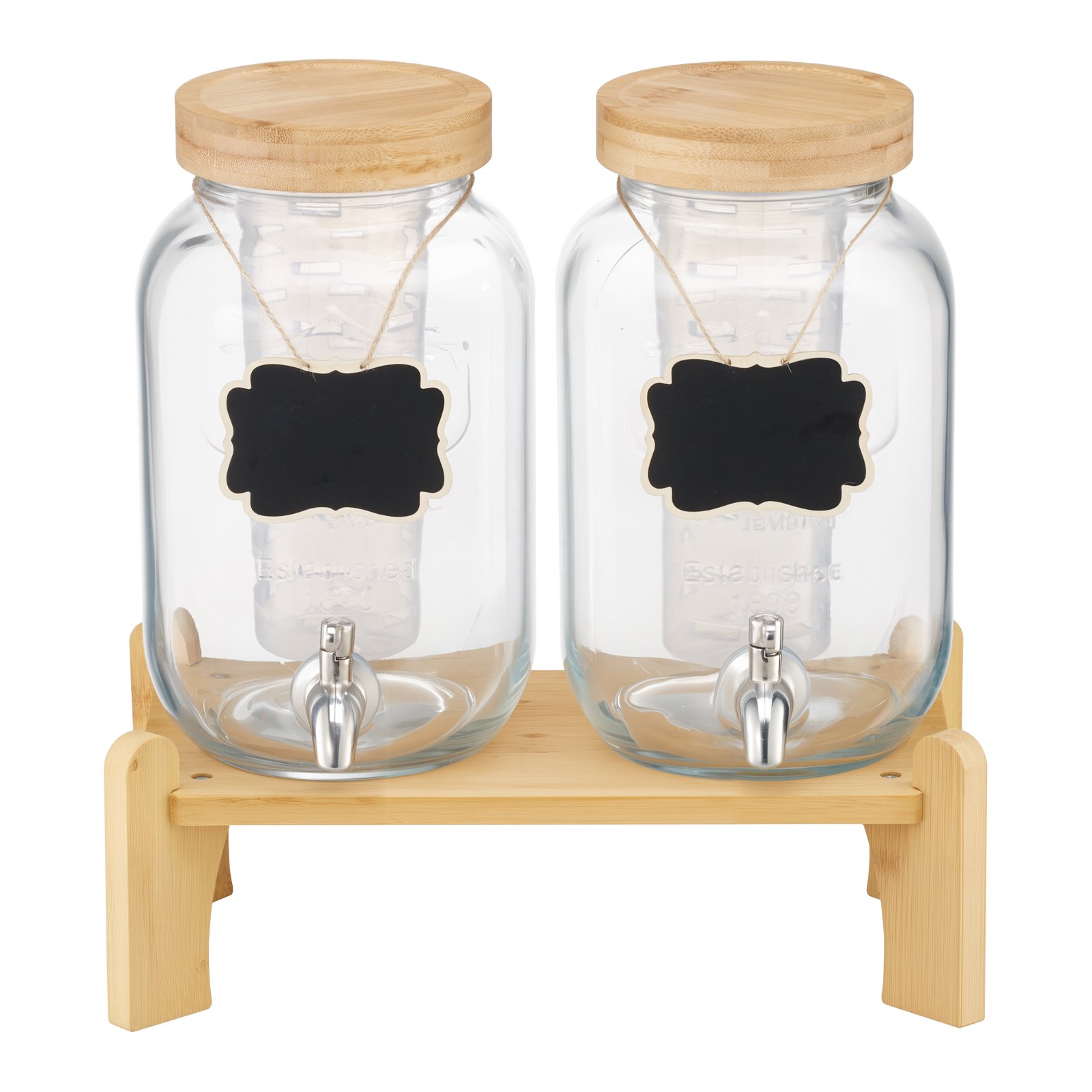 VEVOR Beverage Dispenser, 2 Pack 3.8L Drink Dispensers for Parties, Glass Juice Dispenser with Wood Stand, Stainless Steel Spigot, Infuser, Iced Tea Lemonade Juice Water Dispensers for Parties