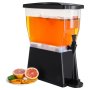 VEVOR beverage dispenser with orange drink, black base, and assorted citrus fruit slices on a plate.