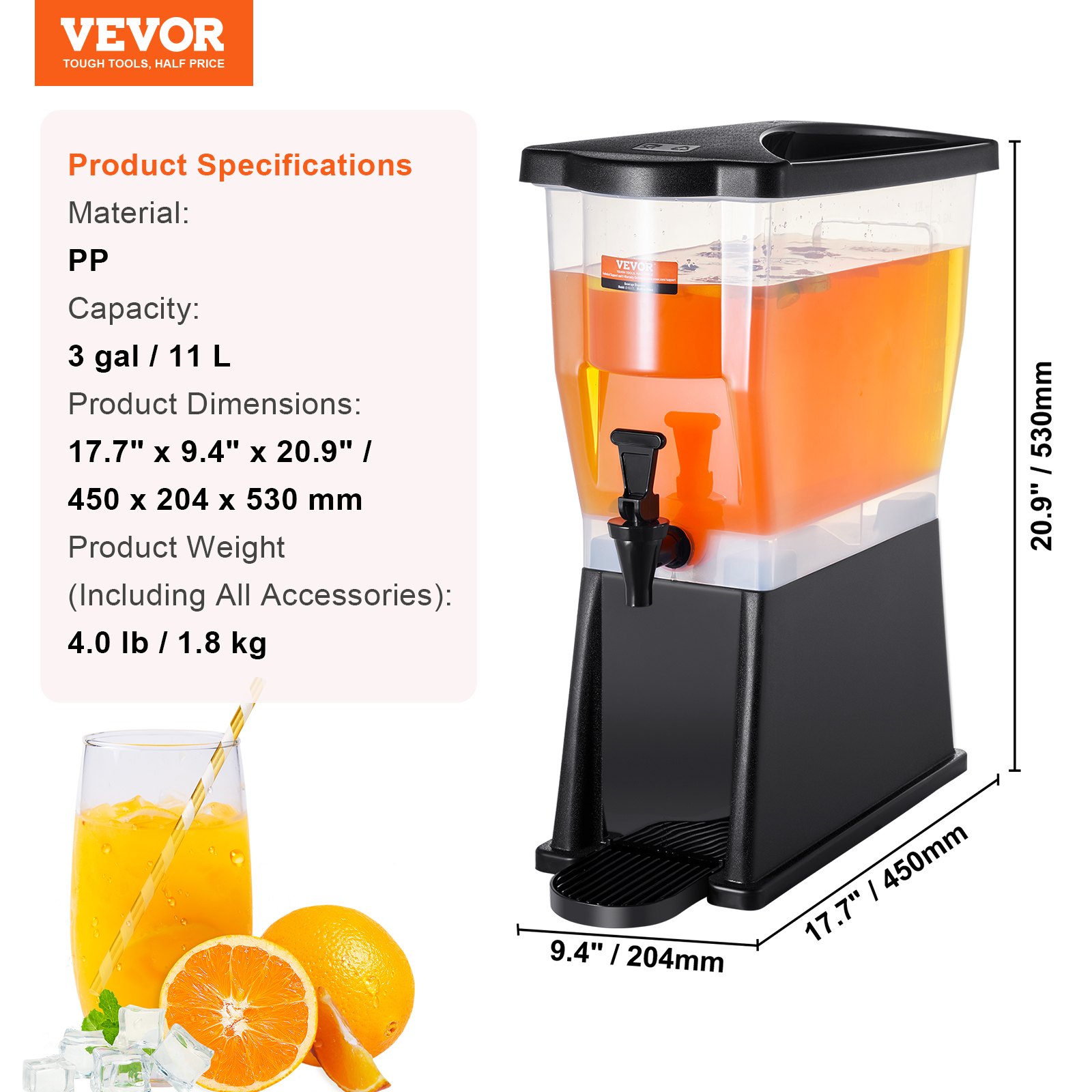 VEVOR beverage dispenser with 3-gallon capacity, dimensions 17.7&quot;x9.4&quot;x20.9&quot;, and weighing 4 lbs.