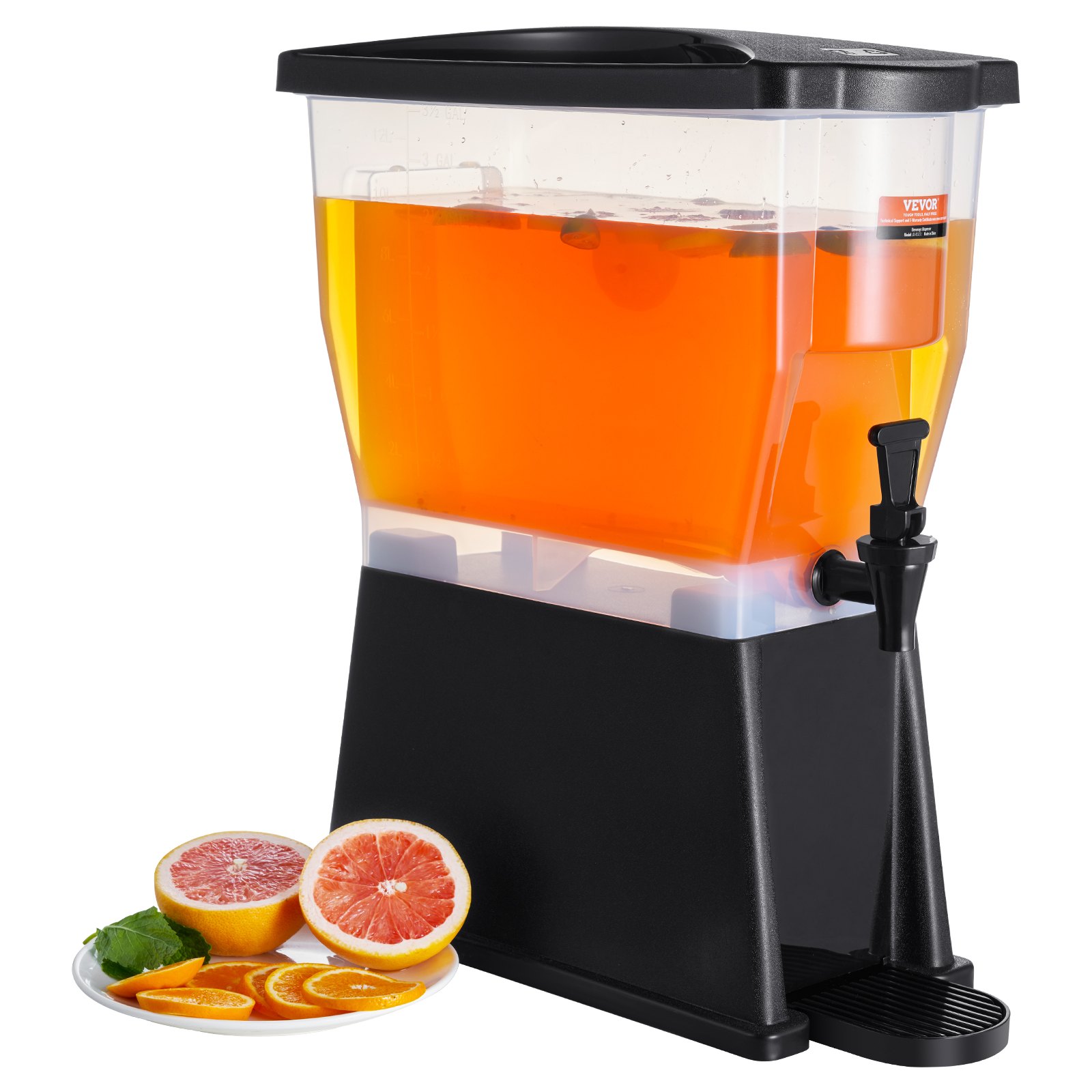 VEVOR beverage dispenser with orange drink, black base, and assorted citrus fruit slices on a plate.