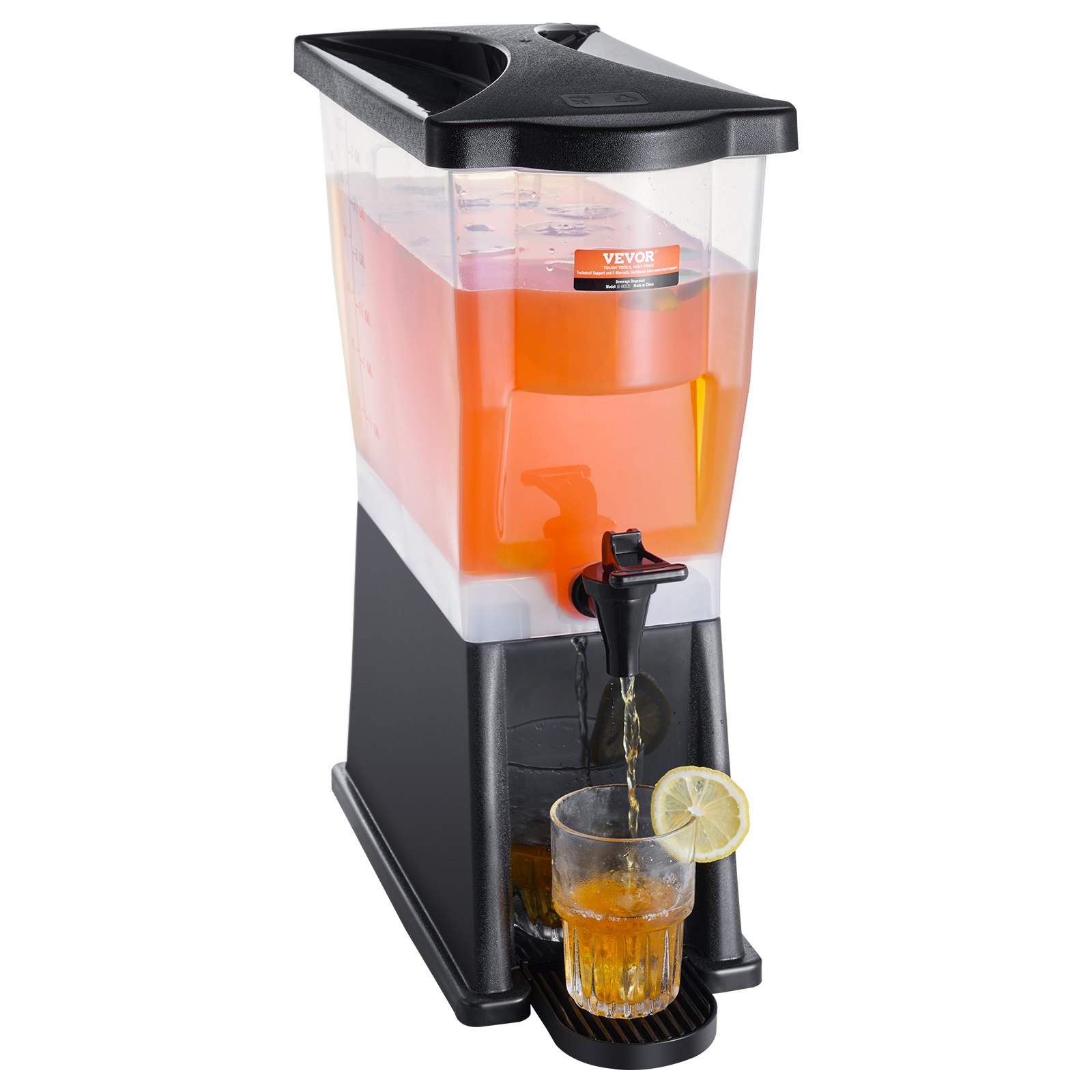 VEVOR beverage dispenser pouring iced tea into a glass with a lemon slice.