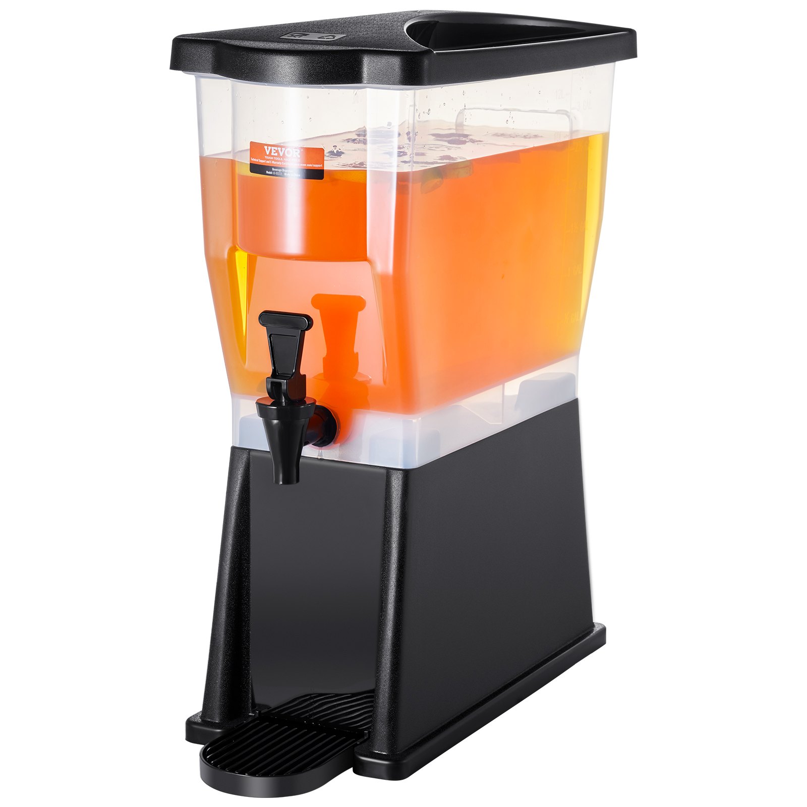 VEVOR beverage dispenser, large clear container with black base, filled with orange liquid, front spout.