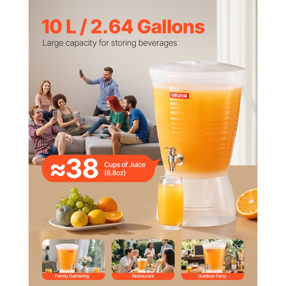Dispensador de bebidas VEVOR de 10 litros para fiestas, dispensador de jugo de plástico con grifo y cámara de hielo, dispensador de agua para té helado, limonada, jugo, para restaurantes, hoteles y fiestas.
