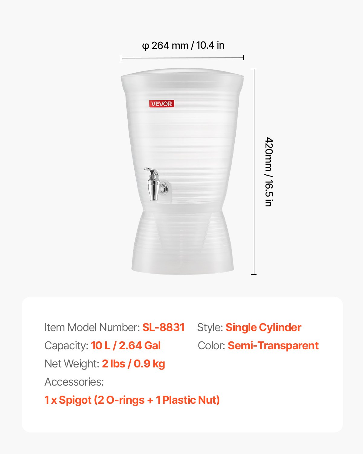 VEVOR Beverage Dispenser, 2.64 Gallon Drink Dispenser for Parties, Plastic Juice Dispensers with Spigot Ice Chamber, Iced Tea Lemonade Juice Water Dispensers, for Restaurants, Hotels, Parties