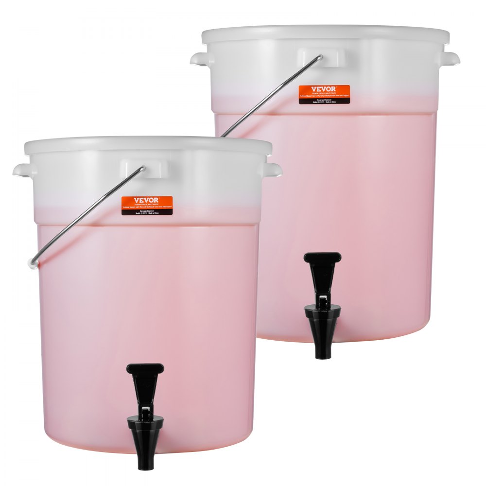two pink VEVOR beverage dispensers with black spigots and white lids.