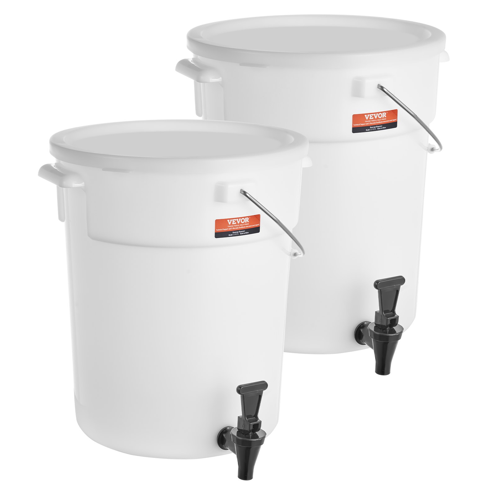 two white VEVOR beverage dispenser units with black spouts and handles.
