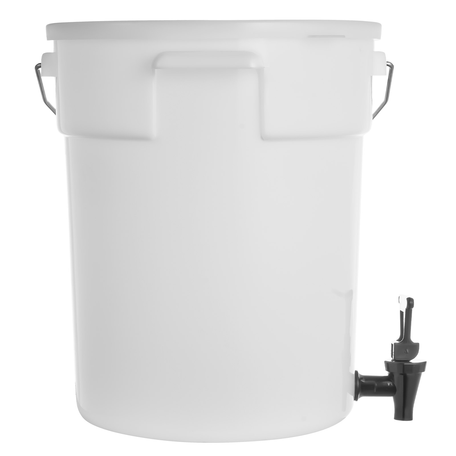 white VEVOR beverage dispenser with black spout, metal handles, and a large cylindrical design.