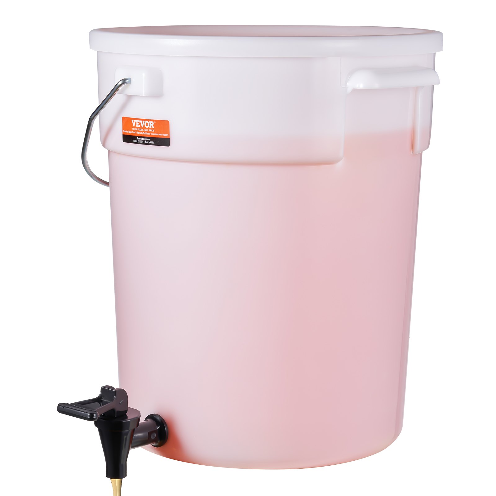VEVOR beverage dispenser, large white container with handle and spigot, partly filled with pink liquid.