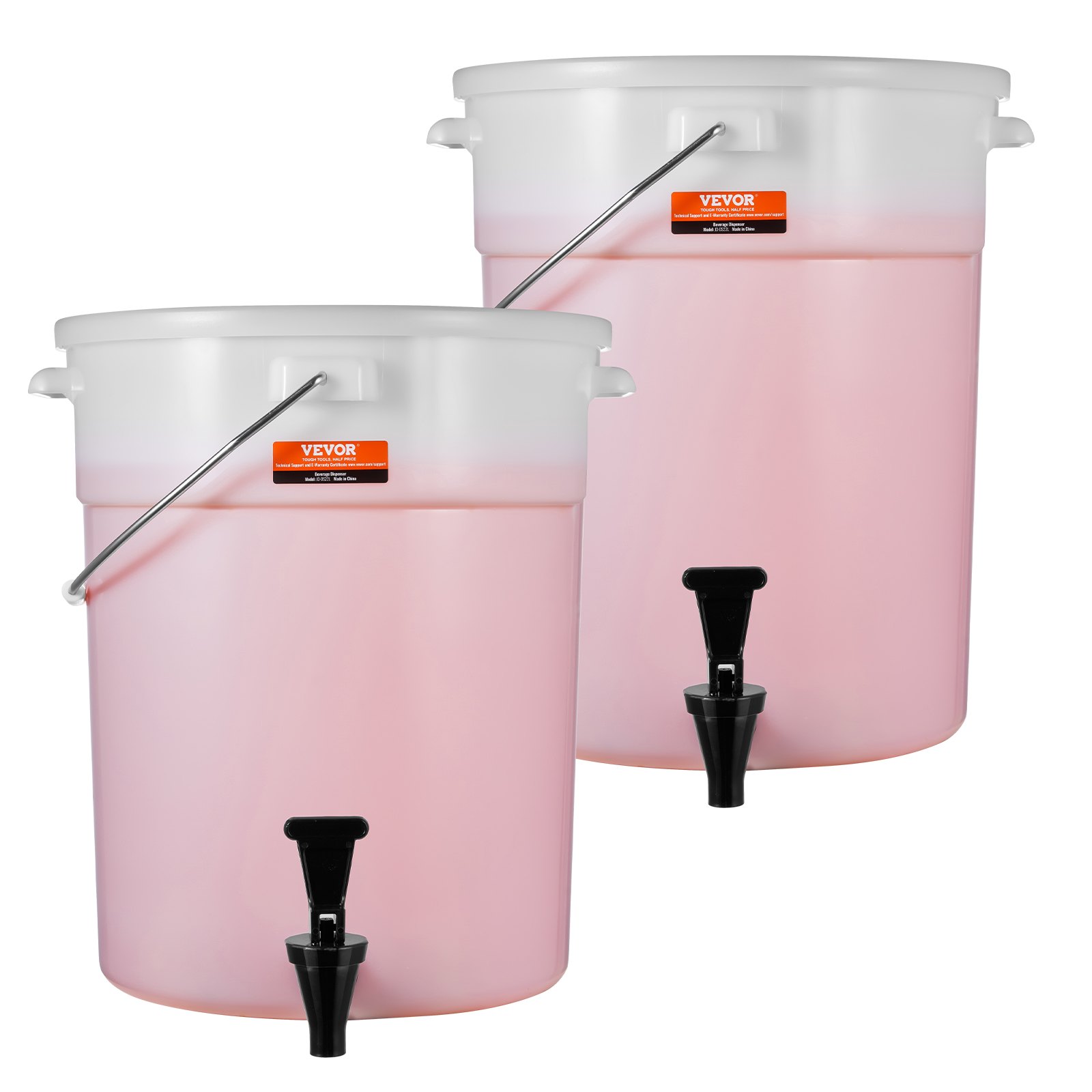two pink VEVOR beverage dispensers with black spigots and white lids.